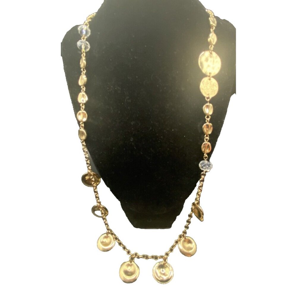 Necklace Polished Discs Yellow Gold Tone Fashion Faceted Crystals 36" 80's Layer